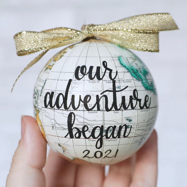 Our Adventure Begins Personalized Globe Christmas Ornament, Newlywed Engagement Gift, Custom Lettered Holiday World Globe, 2022 Tree