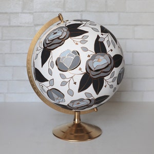 Flowered Painted Globe Hand Painted Globe Flowers White, Black, Gray Travel, Adventure, Floral Ready to Ship 12 Diameter image 5