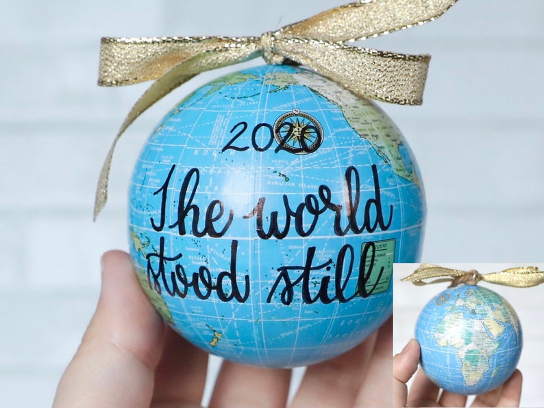 2020 Quarantine Christmas Ornament, Pandemic Globe Ornament, Custom Personalized Lettering, 2021 Funny Gift, Travel Adventure Map Covid Gift 