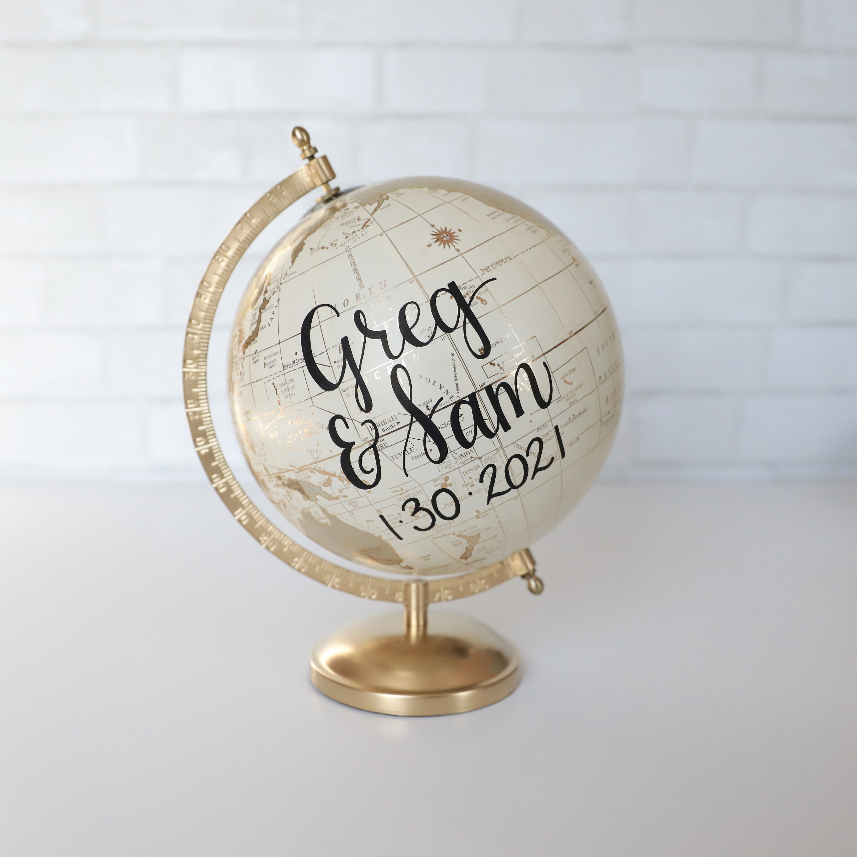 Wedding Guestbook Globe, Gold & Neutral With Custom Lettering Calligraphy Guests Sign Globe Alternative 8 Inch Diameter Travel
