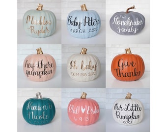 Personalized Pumpkins, Custom Family Pumpkins, Halloween Decor, Modern Fall Home Decor, Wedding Pumpkin, Last Name Sign, Pink Gold White