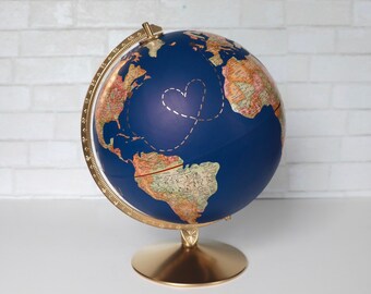 Travel Globe with Pins, Gift for Travelers, Airplane Hearts Travel Line, Custom Calligraphy Painted Globe, Map with Tacks, Home Office Decor