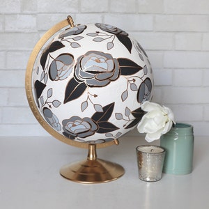 Flowered Painted Globe Hand Painted Globe Flowers White, Black, Gray Travel, Adventure, Floral Ready to Ship 12 Diameter image 3