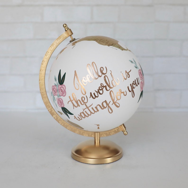 Baby Nursery Globe, Hand Painted, Travel and Adventure Decoration, Baby Shower Gift, Custom Colors & Quote or Name and Birthday, 8 Diameter image 1