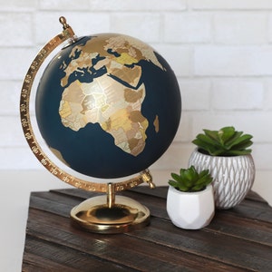 Gold & Neutral Globe Handmade Painted World Maps Custom Personalized Wedding Guest Book Gifts for Travelers Adventure Awaits Destination 8"