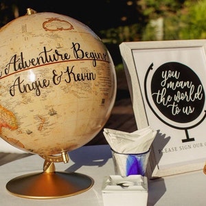Bruiloft wereldbol aangepaste gastenboek middelpunt neutraal antiek gastenboek alternatieve kaart teken pinnen reisbestemming bruiloft decor ideeën 12"