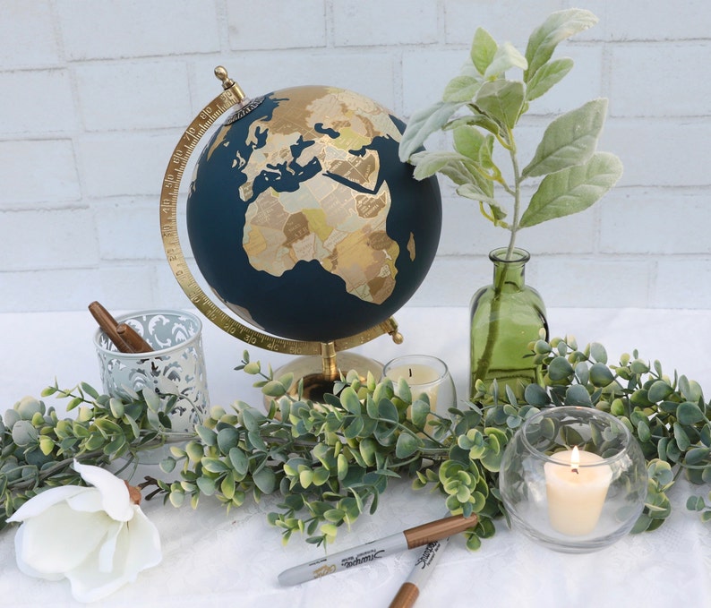 Gold & Neutral Painted Globe Guest Globe Custom Hand Lettering Exposed Countries Wedding Guestbook Wedding Globe 8 Diameter image 7