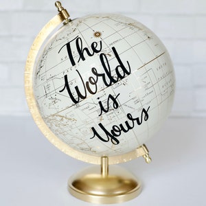 Custom Cream and Gold Globe Wedding Guest Book Globe Travel Map Guestbook Gifts for Her White Office Decor Calligraphy Handmade Art Traveler