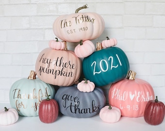 Personalized Pumpkins, Modern Fall Decor, Custom Family Name Pumpkin, Wedding Pumpkin, Gender Reveal, White Gold Autumn Porch Decoration