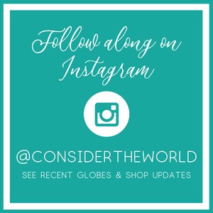 Puede incluir: Fondo turquesa con texto blanco que dice "Sigue en Instagram" con un icono de Instagram y el texto "@CONSIDERTHEWORLD" y "VER GLOBOS RECIENTES & ACTUALIZACIONES DE LA TIENDA".