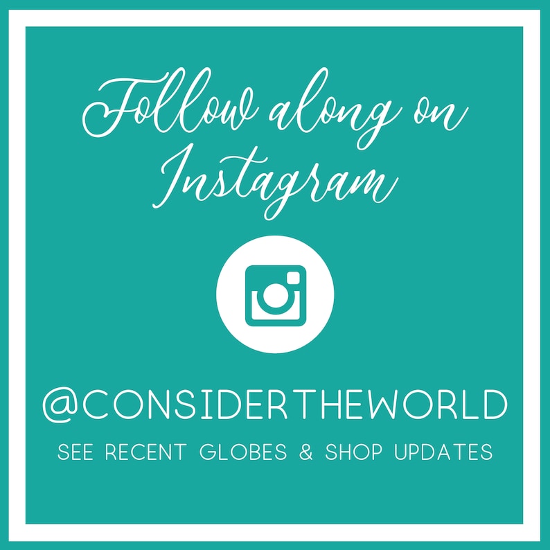 Puede incluir: Fondo turquesa con texto blanco que dice "Sigue en Instagram" con un icono de Instagram y el texto "@CONSIDERTHEWORLD" y "VER GLOBOS RECIENTES & ACTUALIZACIONES DE LA TIENDA".