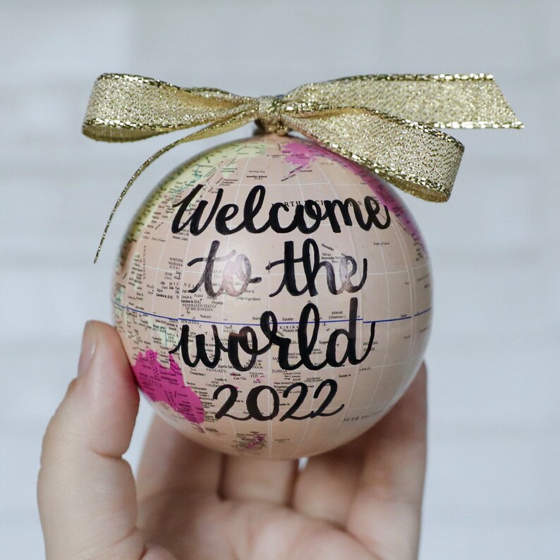 Welcome to the World Baby Globe Ornament, New Baby Gift, Pregnancy Announcement, Gender Reveal Ornament, Baby's First Christmas image 2