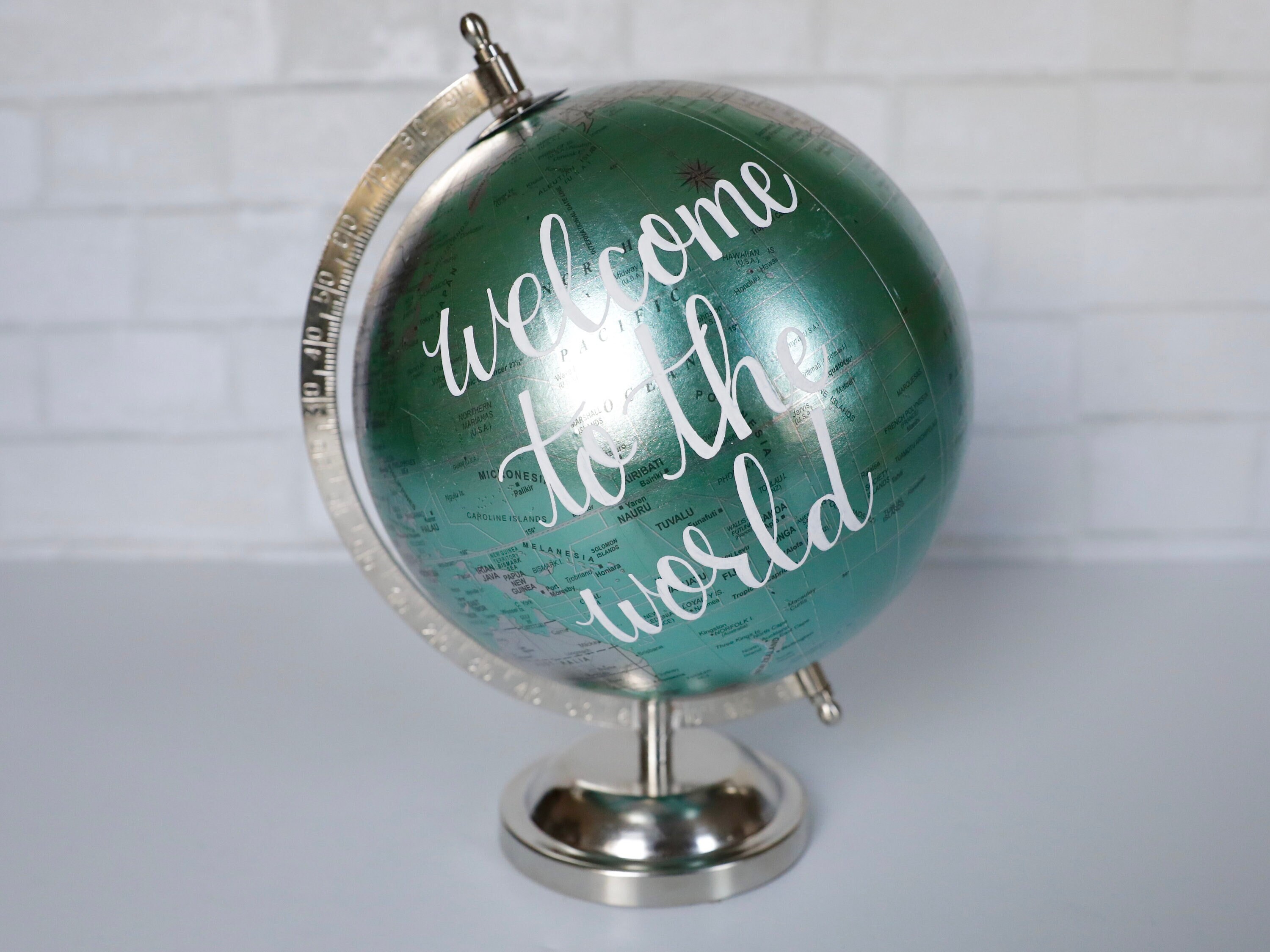 Turquoise Blue & Silver Globe Baby Boy Nursery Room World Map Gender Reveal It's A Shower Guest Book Pregnancy Announcement Sign 8"