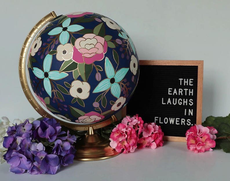 Custom Flowered Globe, Globe with Flowers, Hand Painted, Unique Globe Decor, Flower Pattern, Floral Globe, Floral Decor, Floral Home Decor image 8