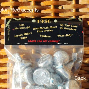 70th Birthday Treat Bag Toppers: Personalized Party Favors w/ 1956 Trivia Kissing 60's Goodbye (Set of 12) image 4