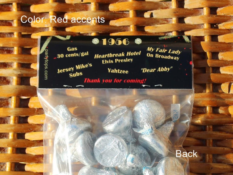 70th Birthday Treat Bag Toppers: Personalized Party Favors w/ 1956 Trivia Kissing 60's Goodbye (Set of 12) image 4