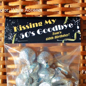 60th Birthday Party Favor | Kissing My 50's Goodbye | 1964 Trivia | 60th Birthday Candy Bags | Personalized - Qty 12