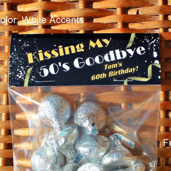 60th Birthday Party Favor | Kissing My 50's Goodbye | 1964 Trivia | 60th Birthday Candy Bags | Personalized - Qty 12