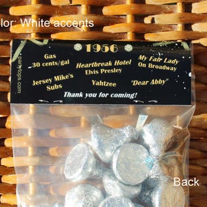 70th Birthday Treat Bag Toppers: Personalized Party Favors w/ 1956 Trivia Kissing 60's Goodbye (Set of 12) image 2