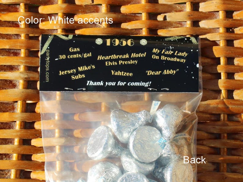 70th Birthday Treat Bag Toppers: Personalized Party Favors w/ 1956 Trivia Kissing 60's Goodbye (Set of 12) image 2