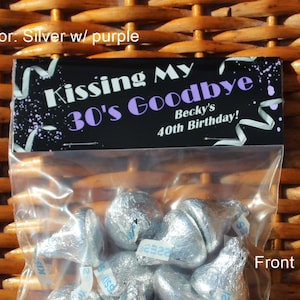Personalized 40th Birthday Treat Bag Toppers: Kissing 30&#39;s Goodbye 1985 Trivia, Set of 12