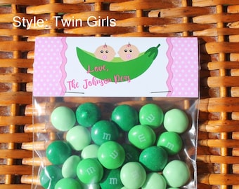 Bolsas de regalo personalizadas para baby shower de gemelos: Dos guisantes en una vaina (juego de 12)