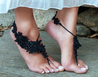 Barefoot Sandal BLACK Lace JAMIE Goth Edwardian Wedding Bellydance Halloween Slave Fetish Ankle Beaded Earthing Pair Yoga Dark Gift to Bride