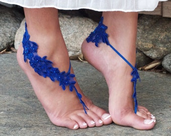 SAPPHIRE Lace Barefoot Sandals LAUREN Dark Royal Blue Topaz Destination Wedding Summer Accessory Yoga Lapis Shoes Beach Vibes Something Blue