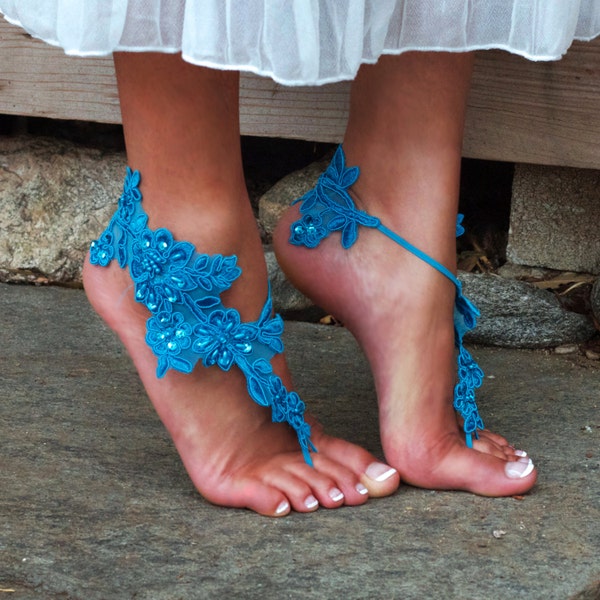 SCUBA BLUE Barefeet Lace Sandals, GWEN, Destination Wedding, Beach Style Pool Summer Fashion Teal Sequins Beading, Colorful Sandels Festival