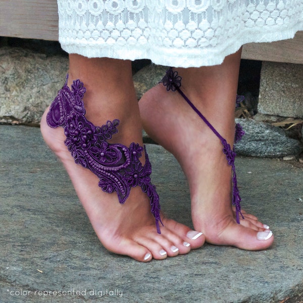 PURPLE Beaded Barefoot Sandals LISA Anklet Beach Wedding Bare Foot Sandel Pearl Bearfoot Shoes Bridal Barefeet Sandles Footless Flip Flops