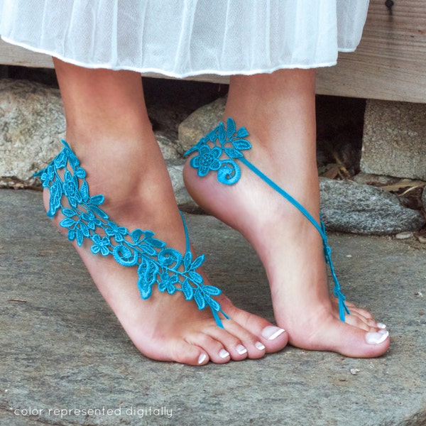 SKY BLUE Barefoot Sandals, LYNSAY, Bride Shoes Destination Wedding Lace Slippers Aqua Bleu Must Have Trend Beach Comfortable Ocean Sea Pool