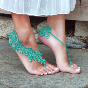 TURQUOISE Bare Foot Lace Sandals, LYNSAY, Barefoot Lifestyle, Beach Wedding, Bellydancer, Festival Gear, Aqua, Pop of Color, Aquamarine Blue image 1