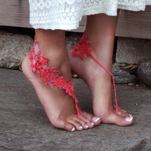 HOT CORAL Barefoot Lace Sandals, LAUREN, Tropical Wedding Shoes, Cute Bridal Party Gift, Maid of Honor Present, Boho Chic Photoshoot, Pink image 1