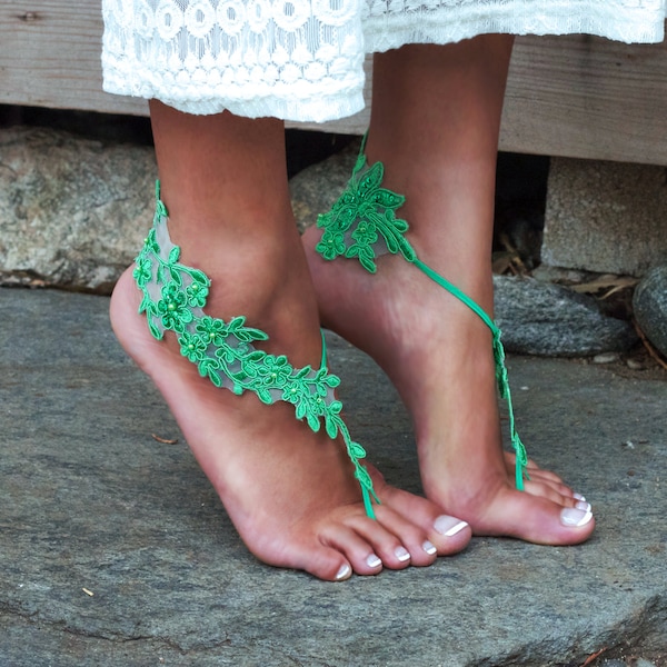 GREEN Bare Feet Lace Sandals, LAUREN, Irish Fairy Fairie Wedding, Burning Man Shoes, Desert Walkabout Slip Ons, Shoe Accessories, Beaded USA