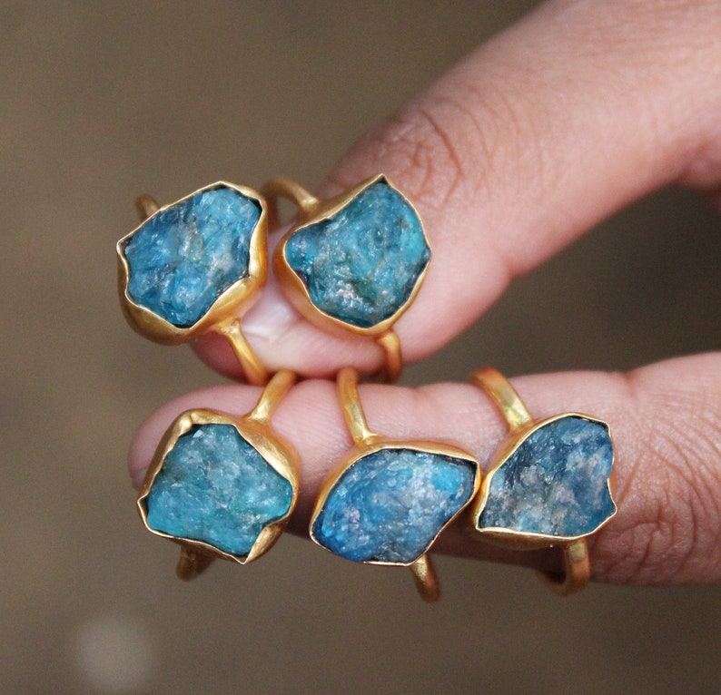Solid Brass Ring Cocktail Ring 18k Gold Plated Ring Rough Apatite Ring Rough Raw Stone Ring Raw Apatite ring Natural Gemstone Ring