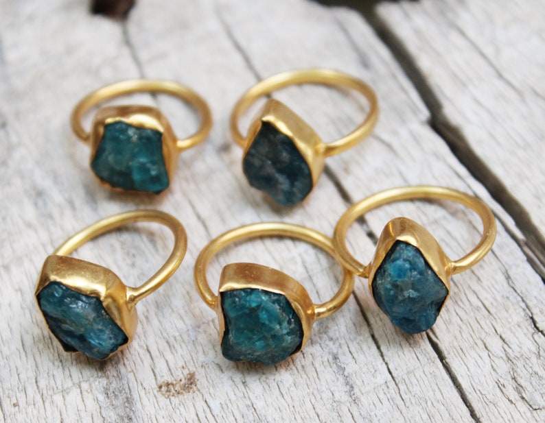 Solid Brass Ring Cocktail Ring 18k Gold Plated Ring Rough Apatite Ring Rough Raw Stone Ring Raw Apatite ring Natural Gemstone Ring
