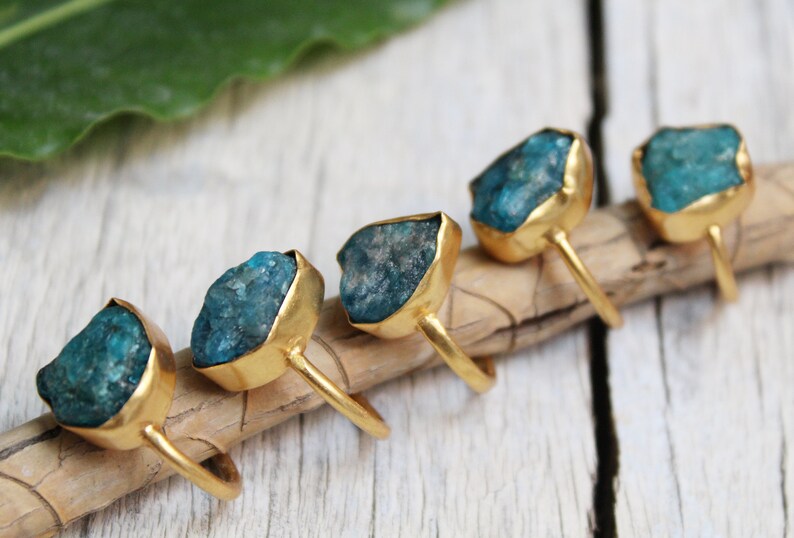 Solid Brass Ring Cocktail Ring 18k Gold Plated Ring Rough Apatite Ring Rough Raw Stone Ring Raw Apatite ring Natural Gemstone Ring