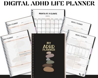 May include: A collection of digital ADHD life planners with various layouts, including daily, weekly, and monthly views. The central planner is black with the text "MY ADHD PLANNER" and a stack of stones. The image also includes the text "NEURODIVERGENT LIFESTYLE PLANNER SCIENTIFICALLY BASED".