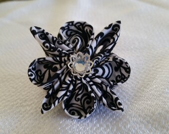 Black and white swirl hair flower, kanzashi gem hair clip, handmade cotton