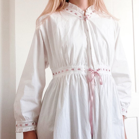 White Cotton Nightdress with Pink Ribbon