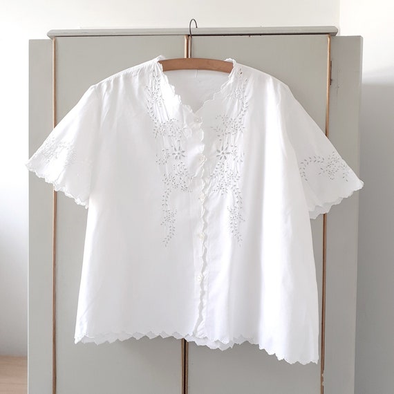 White Cotton Openwork Embroidered Blouse