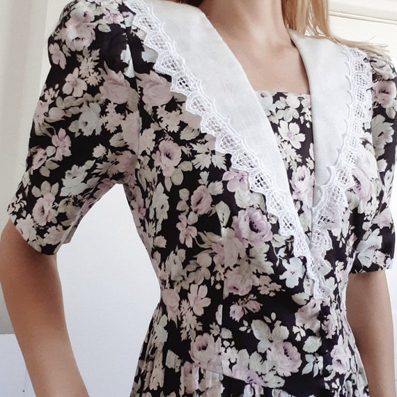 Black Floral 80s Puff Sleeve Dress