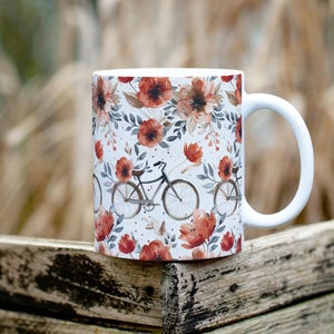 Coffee Mug for Cyclists with Soft Watercolor Bicycle and Floral Print - Ceramic Gift for Nature Lovers and Tea or Coffee Fans