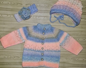 Hand Knitted Baby Girl Set Cardigan, Headband, Baby Bonnet girls outfit