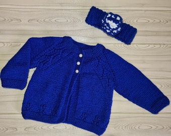 Handmade Hand Knitted Baby Girl Dark Blue Cardigan with Matching Headband