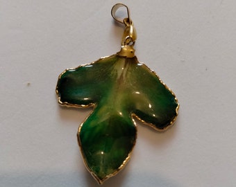 pendentif forme de feuille en jade néphrite vert foncé entouré par un liseré d'or vintage des années 1980