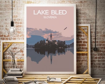Póster de viaje del lago Bled, Eslovenia: fotografía de montaña vintage