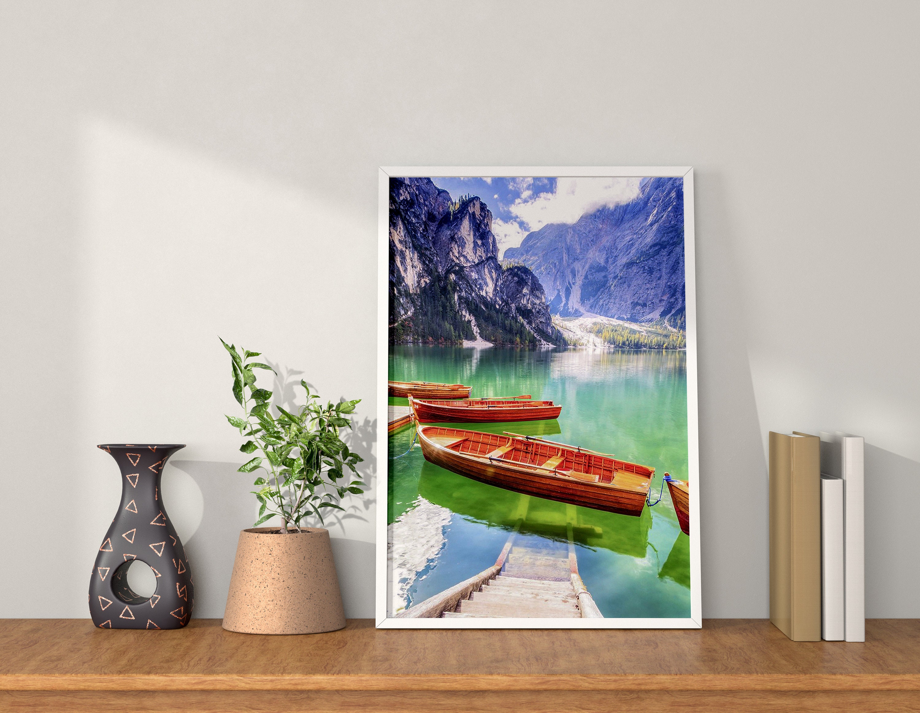 Green Lake In The Mountains Lago Di Braies Italy Modern Design Decor Canvas Print Wall Art Picture