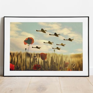 May include: A vintage-style illustration of a squadron of fighter planes flying over a field of red poppies. The planes are silhouetted against a blue sky with white clouds. The poppies are in full bloom and are a vibrant red color.