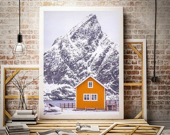 Noordse prenten | De kleine hut in Sakrisoy, Lofoten-eilanden Bergfotografie Muurdecoratie Kerstfotocadeaus Natuurfoto's